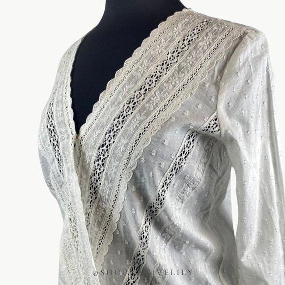 NWT Sézane Alessandra Eyelet Surplice Wrap Long Sleeve Blouse | 38 (6) | White - Picture 12 of 16